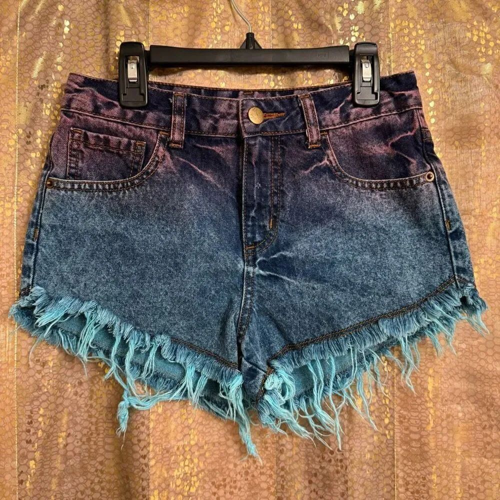 Vanilla Breeze Dip Dye Pink Blue Raw Hem Cut Off Jean Shorts XS